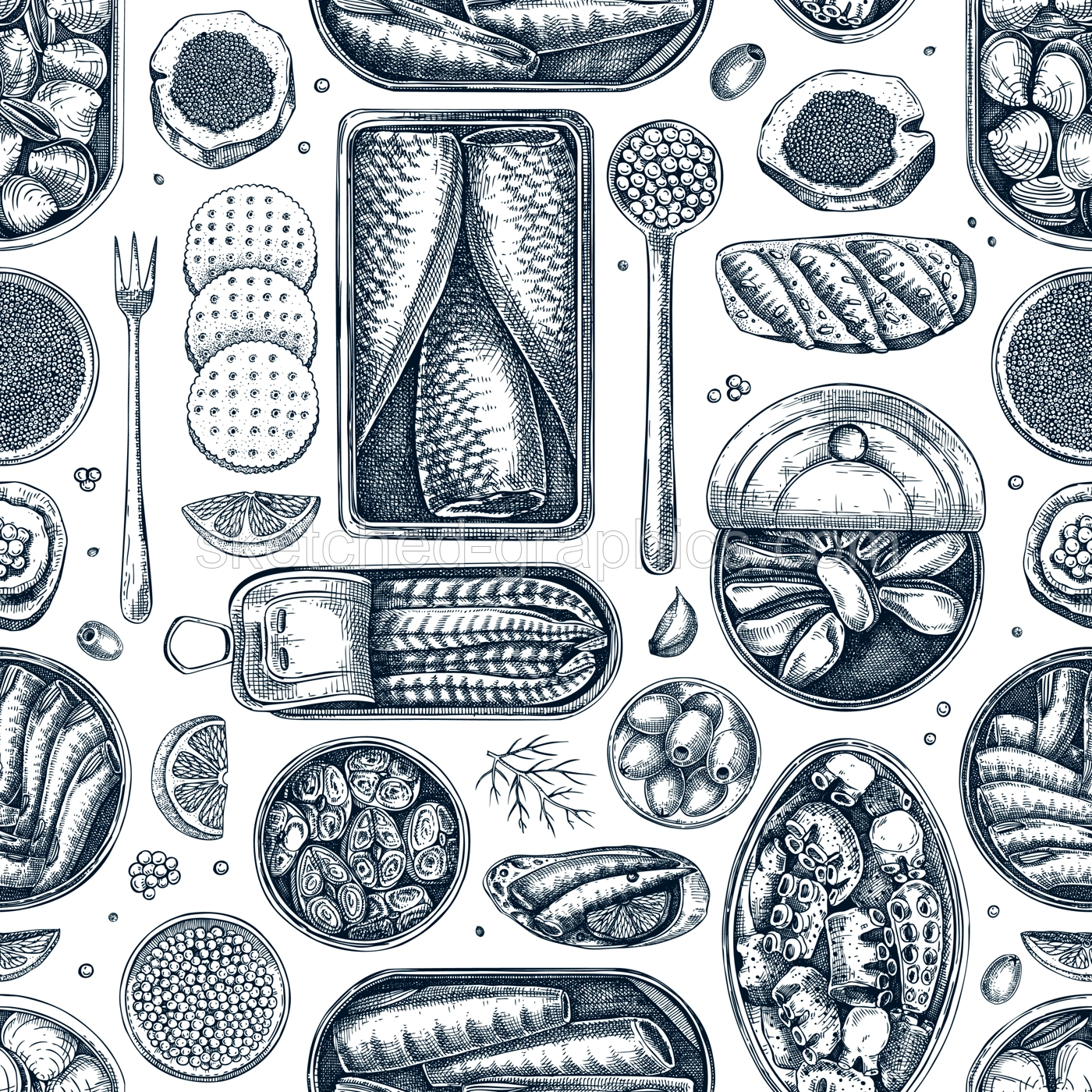Seafood background. Hand-drawn tinned fish seamless pattern. Sardines, anchovy, mackerel, tuna, mussels in tin cans, fish canapes, olives, crackers sketches. For packaging, print, textile Illustration